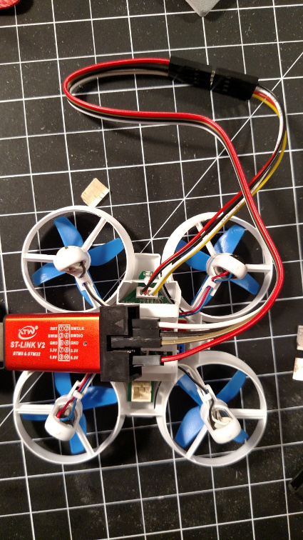 Quadcopter attached to the Header Jumper, Jumper Wires, and ST-Link